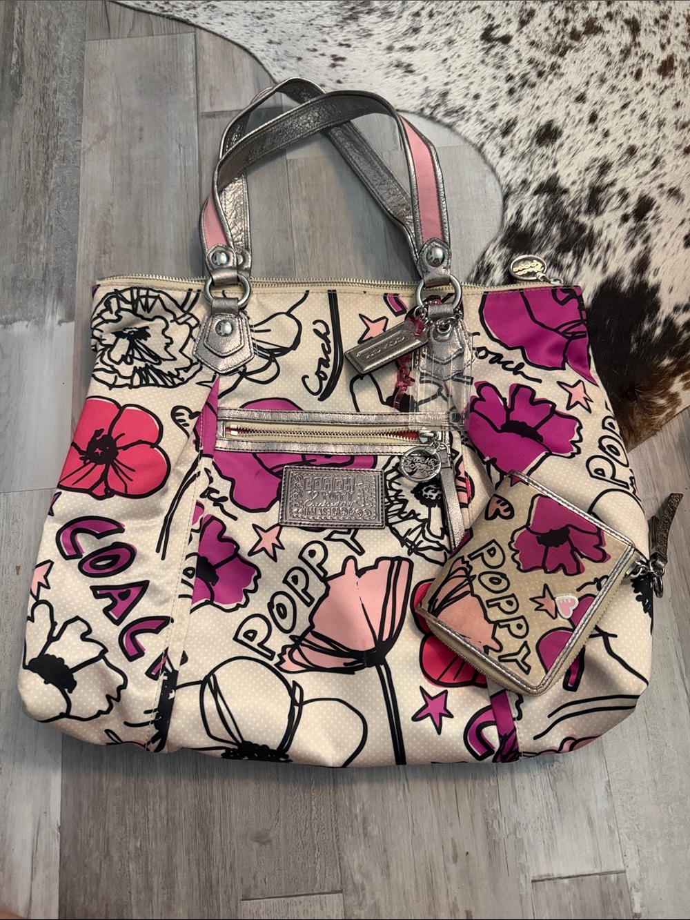 Coach Floral Poppy Canvas Tote in Pink and Silver